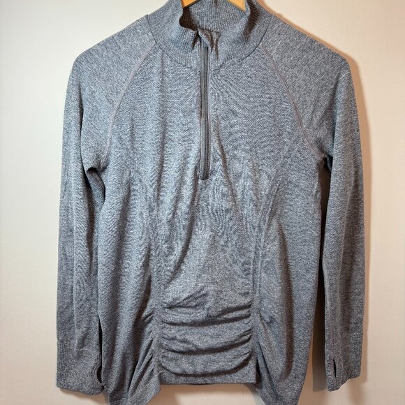 Athleta Fast Track 1/4 Zip Top Ruched Pullover in Flint Grey Heather, Size L - Picture 2 of 4
